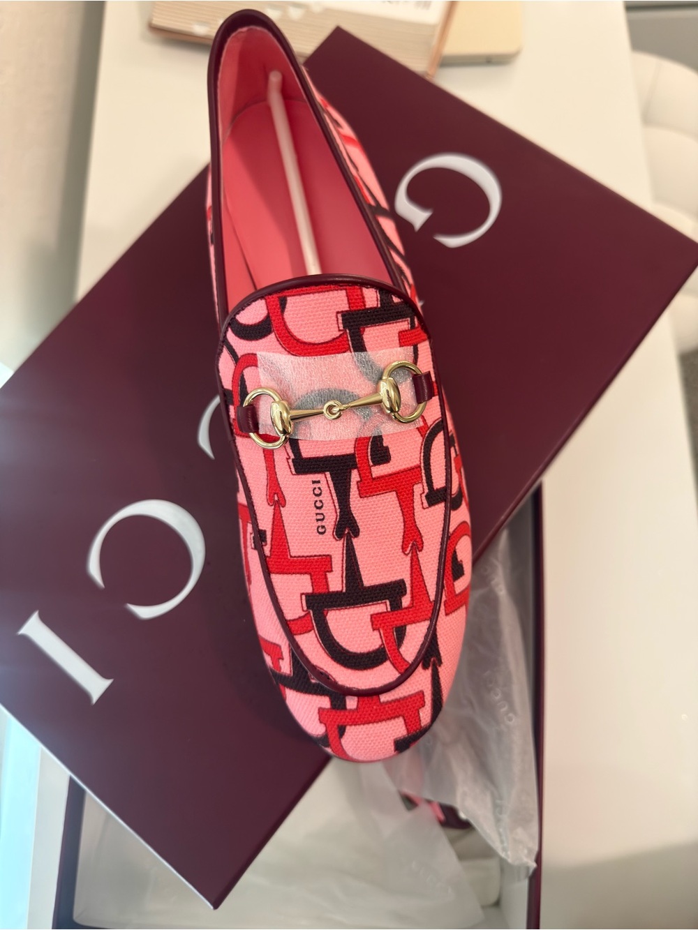 Gucci Pink and Red GG Print Horsebit Loafer